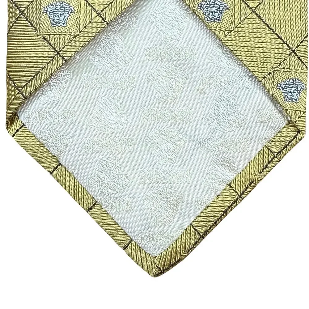 VERSACE 100% Silk Neck‎ Tie Gold Geometric Medusa Head Logo 90s Vintage 59L